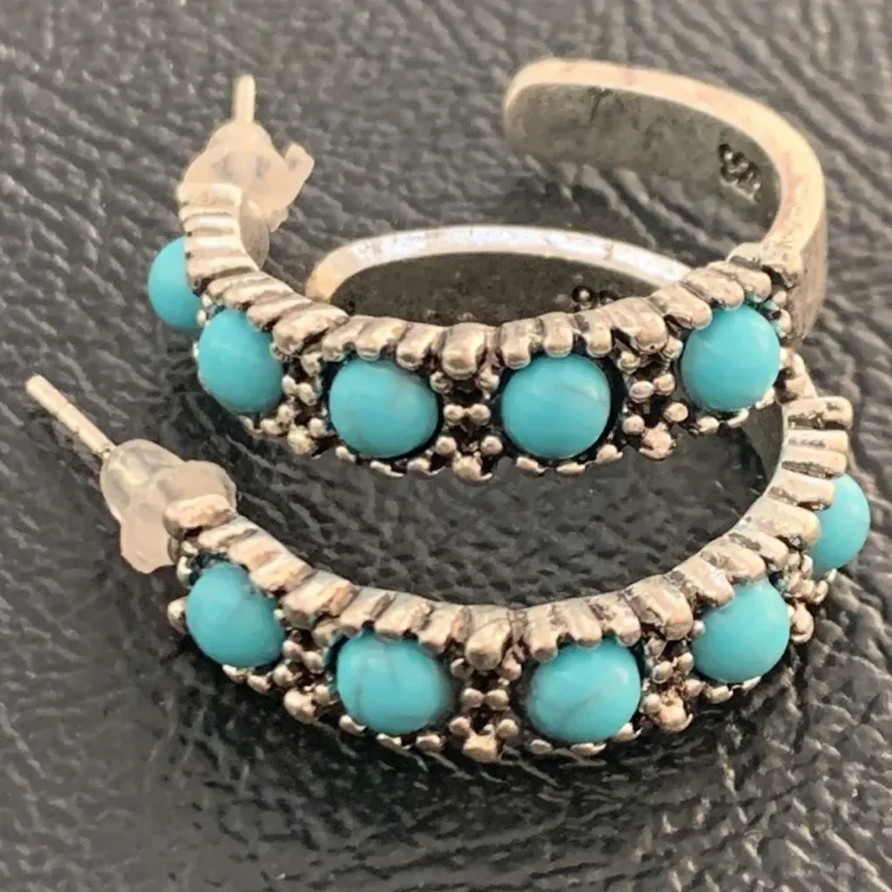 Men’s Sterling Silver Hoop Earrings with Faux Turquoise Cabochons